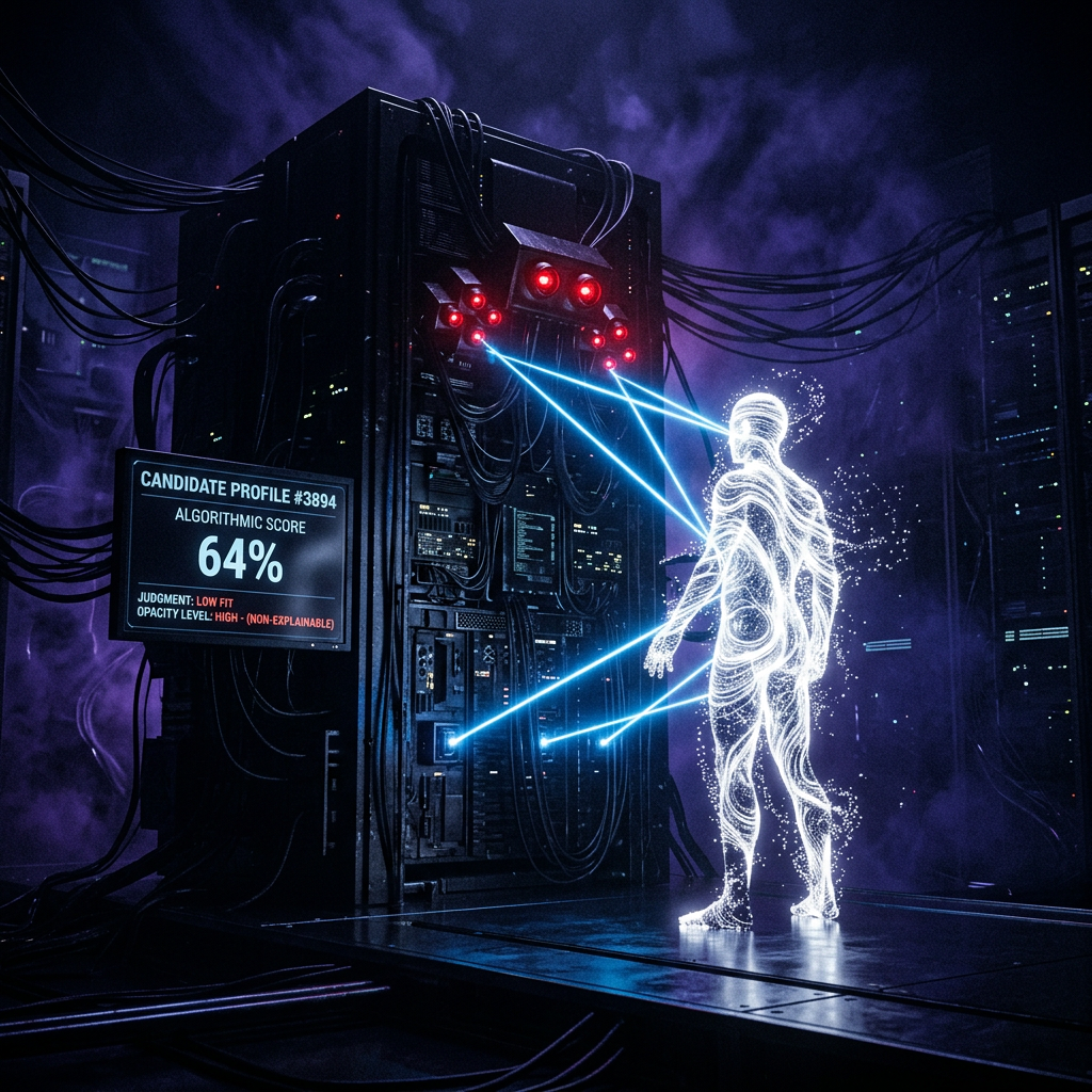 Opaque AI machine making hidden hiring decisions