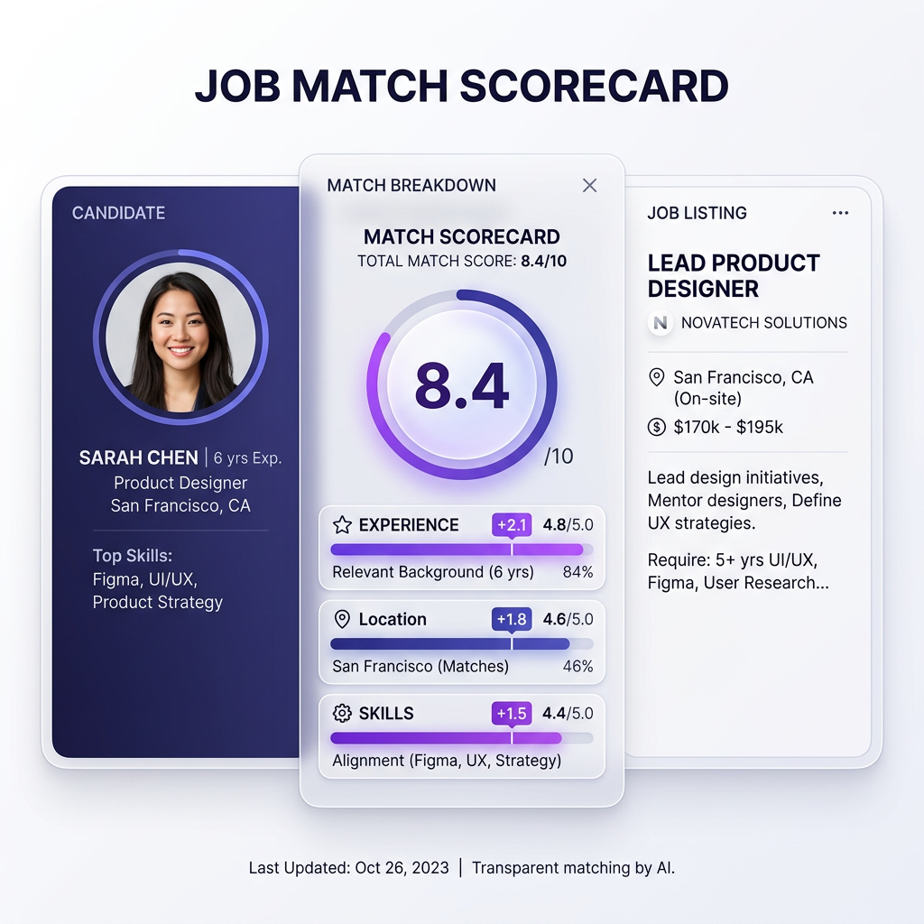 Transparent job match scorecard showing 8.4 out of 10